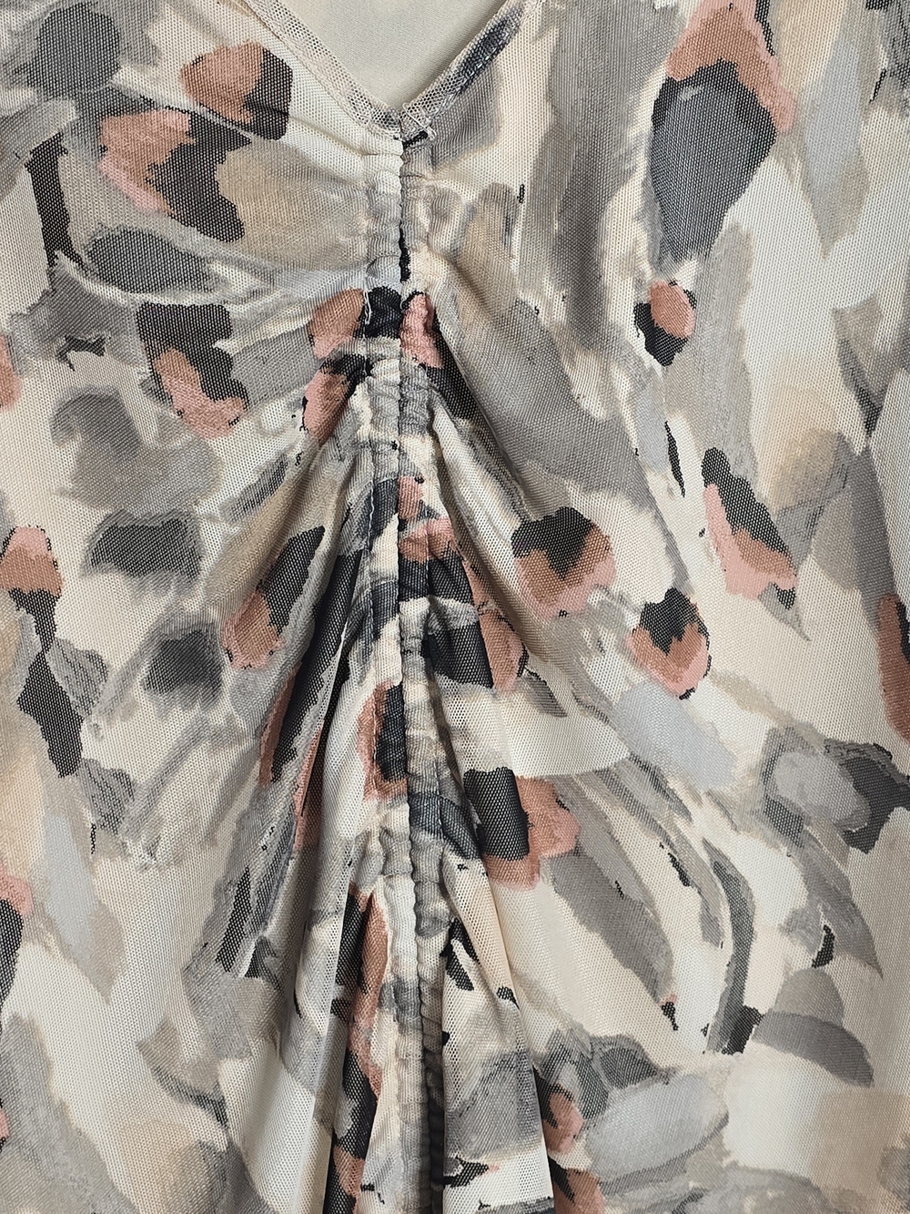 Cyrus Neutral Abstract Print Mesh Ruched V-Neck Top - Picture 2 of 6